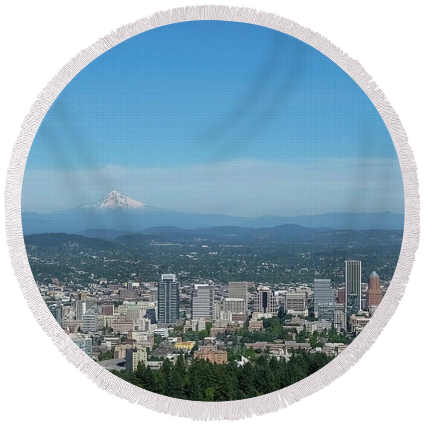 Downtown Round Beach Towel featuring the photograph View of downtown Portland Oregon from Pittock Mansion by Robert Bellomy