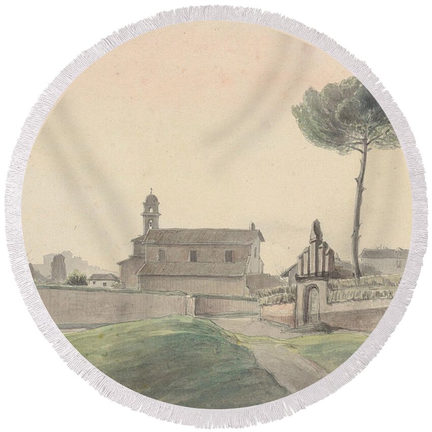 19th Century Art Round Beach Towel featuring the drawing View of the Church of San Pancrazio, Rome, from the South by Franz Ludwig Catel