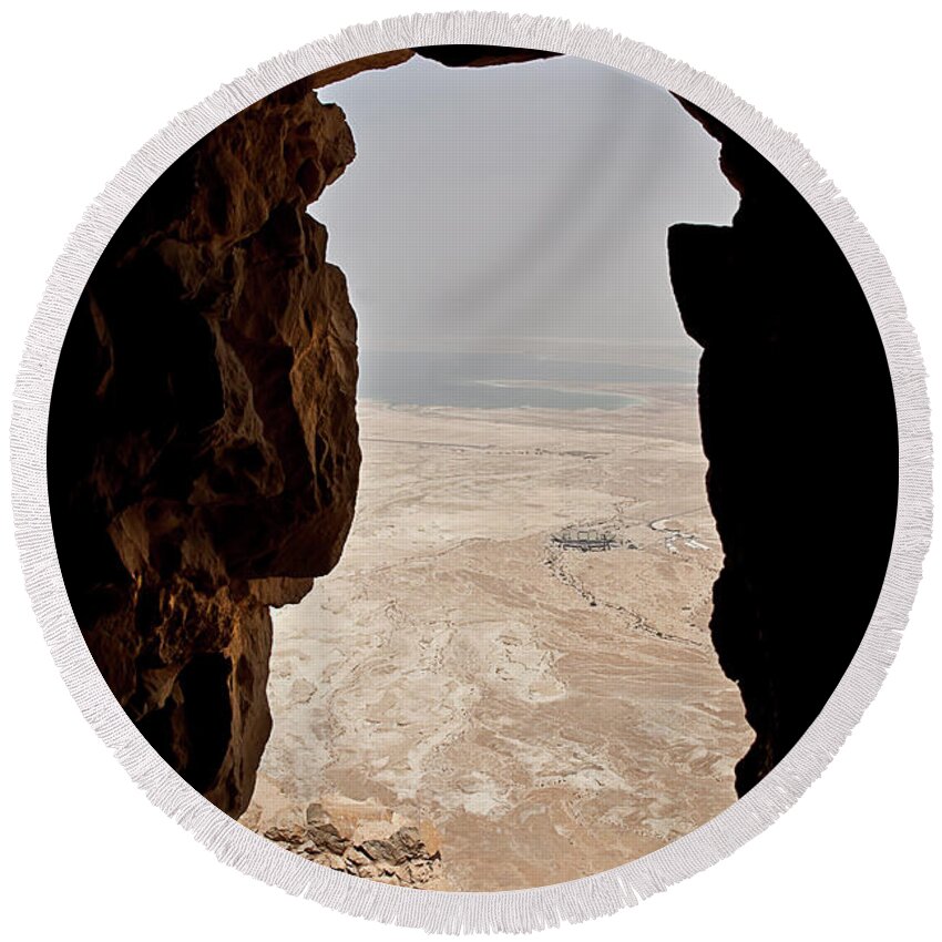Endre Round Beach Towel featuring the photograph View Of The Dead Sea From Masada by Endre Balogh