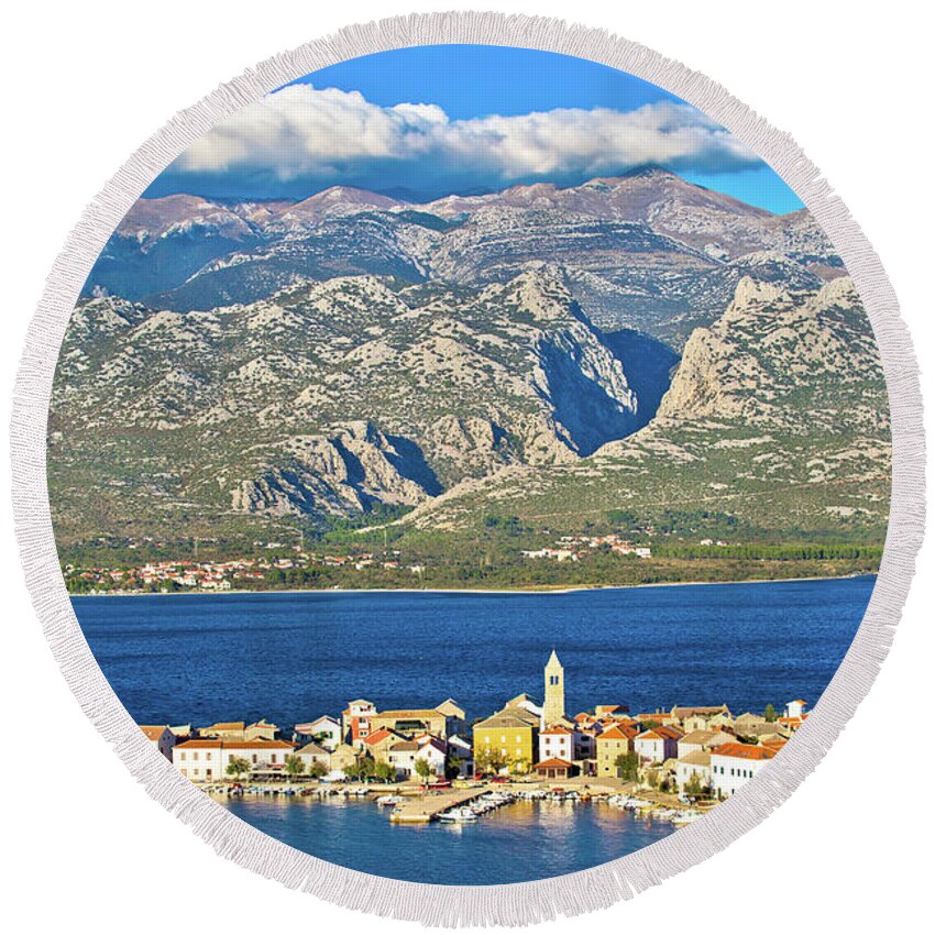Croatia Round Beach Towel featuring the photograph View of Town of Vinjerac with Velebit by Brch Photography
