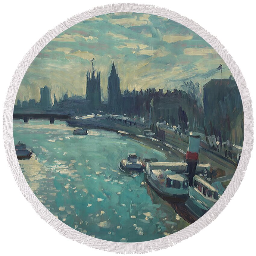 London Round Beach Towel featuring the painting View to Westminster London by Nop Briex