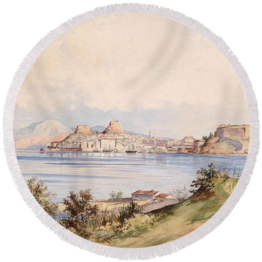 Ludwig Hans Fischer Round Beach Towel featuring the painting views of the city Corfu by Celestial Images