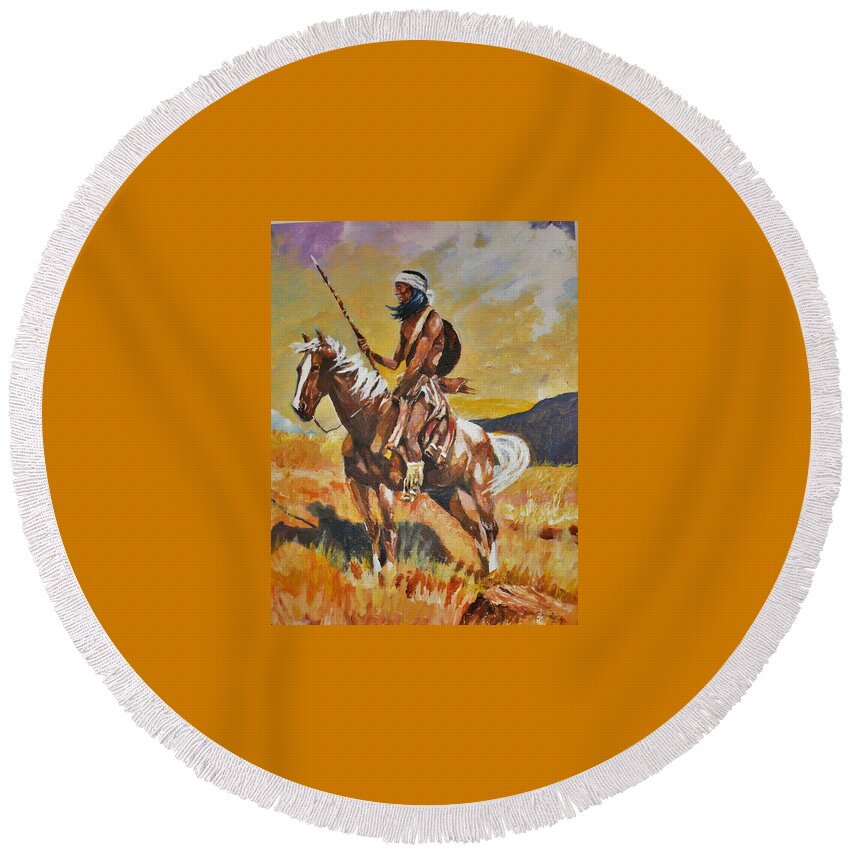American Indian Round Beach Towel featuring the painting Vigilante Apache by Al Brown