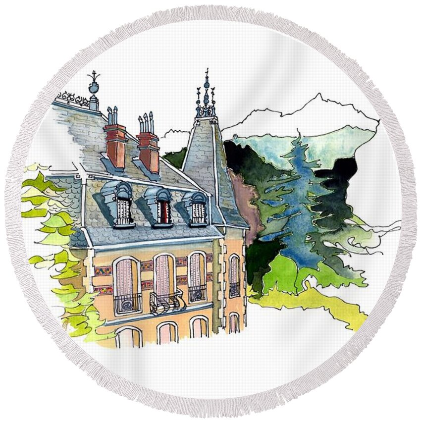 Historic Chateaux Round Beach Towel featuring the painting Villa 'Les Cytises', Barcelonnette, Haute Provence by Joan Cordell
