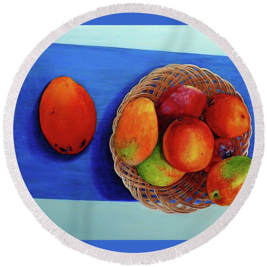Vilma's Magical Mango's Round Beach Towel featuring the painting Vilma's Magical Mango's by Susan Duda