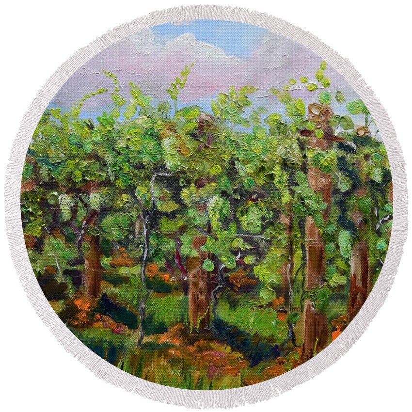 Plein Air Painting Round Beach Towel featuring the painting Vineyard of Chateau Meichtry - Ellijay GA - Plein Air Painting by Jan Dappen