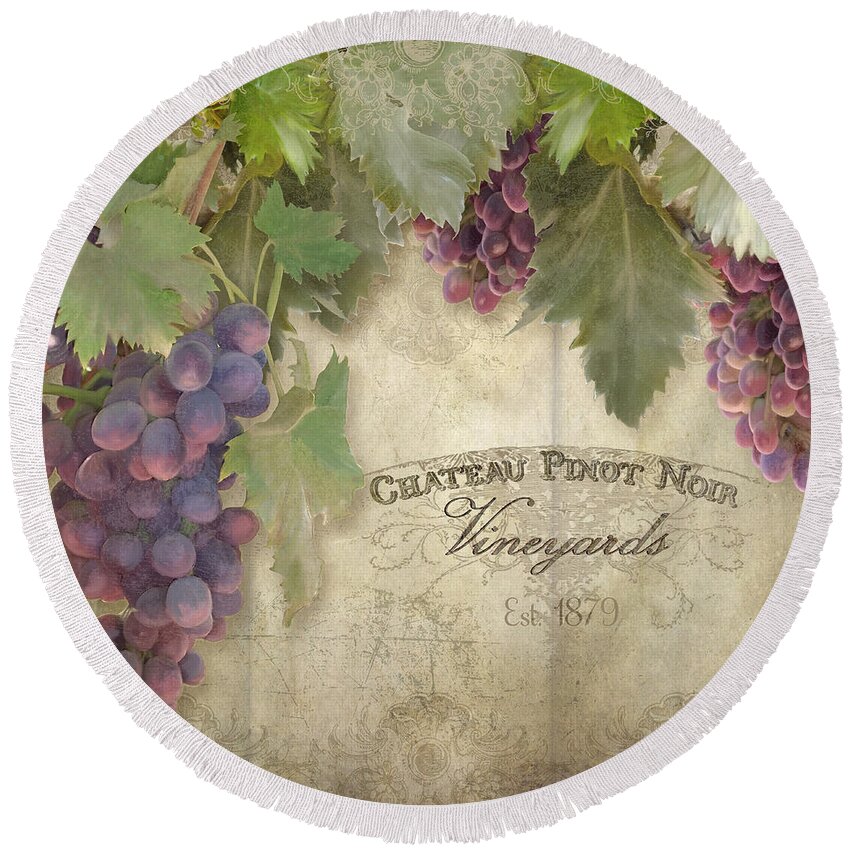 Pinot Noir Grapes Round Beach Towel featuring the painting Vineyard Series - Chateau Pinot Noir Vineyards Sign by Audrey Jeanne Roberts