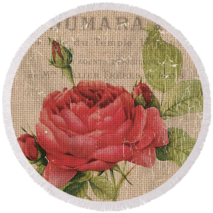 #faatoppicks Round Beach Towel featuring the painting Vintage Burlap Floral by Debbie DeWitt