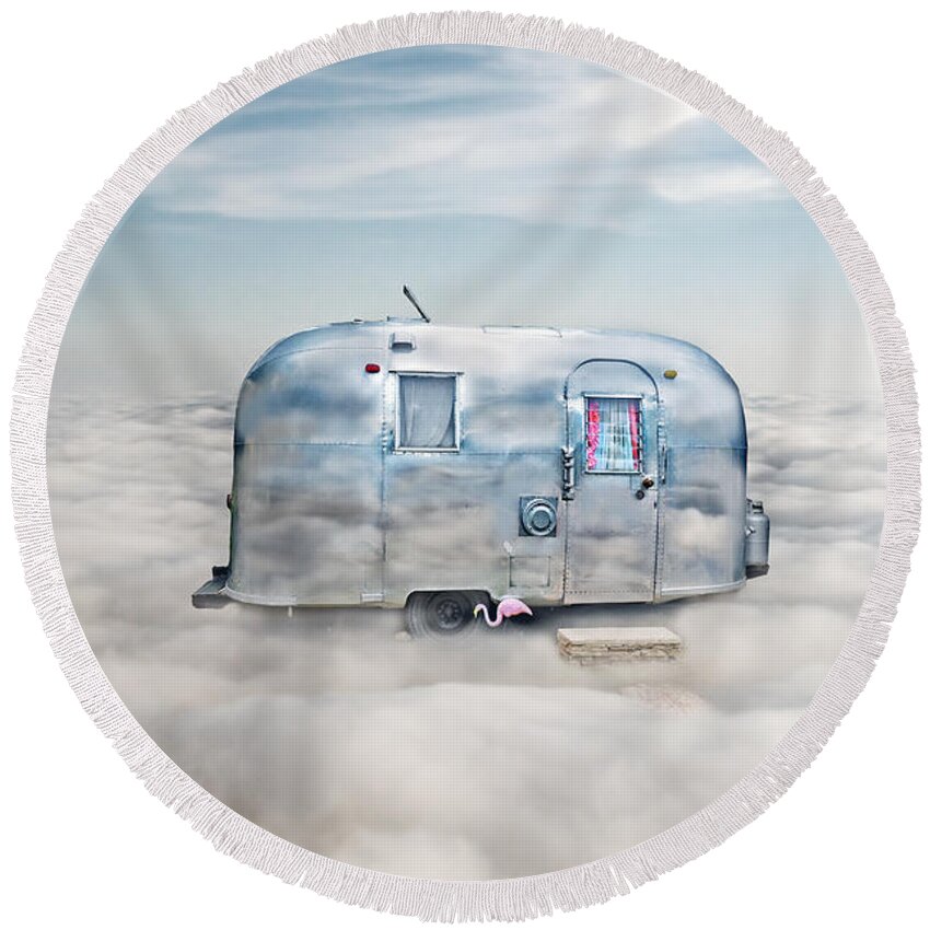 Trailer Round Beach Towel featuring the photograph Vintage Camping Trailer in the Clouds by Jill Battaglia