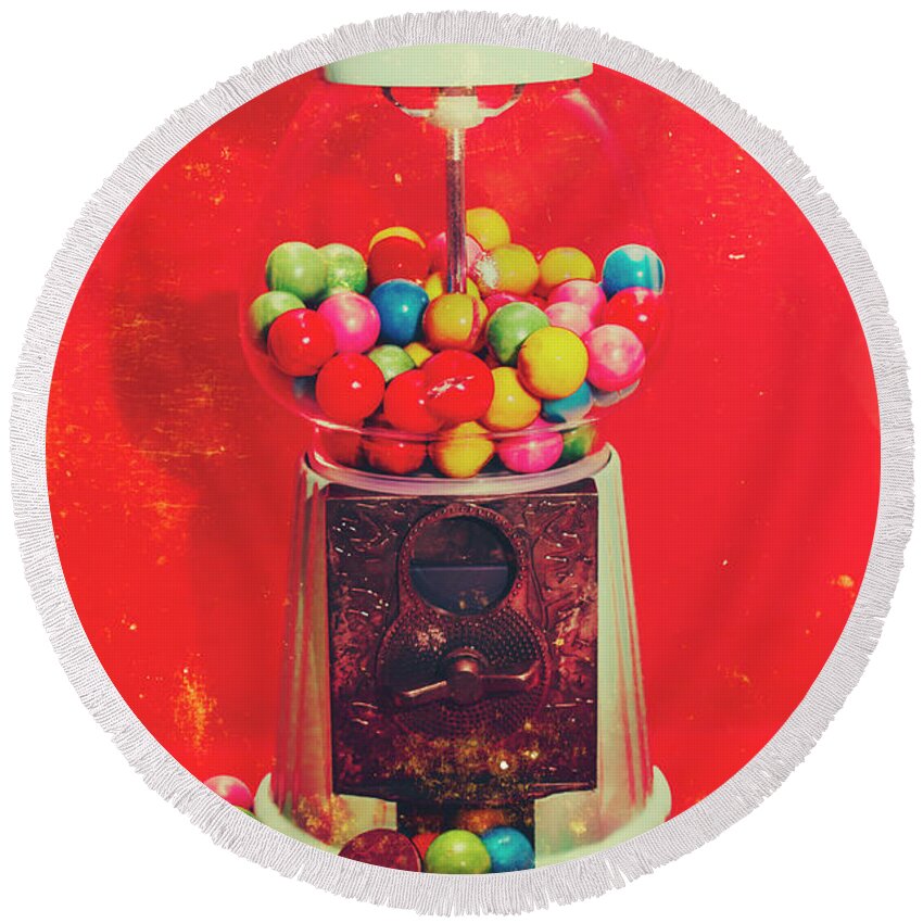 Retro Round Beach Towel featuring the photograph Vintage candy store gum ball machine by Jorgo Photography