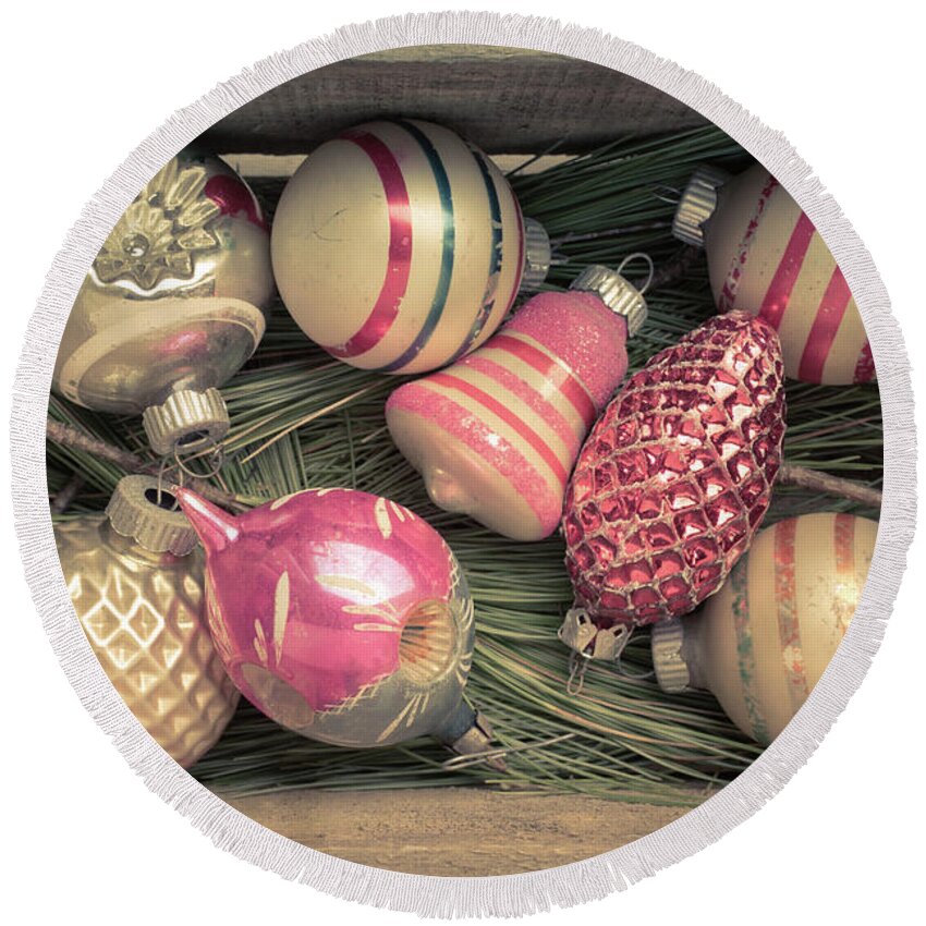 Christmas Round Beach Towel featuring the photograph Vintage Christmas Baubles Ornaments by Edward Fielding