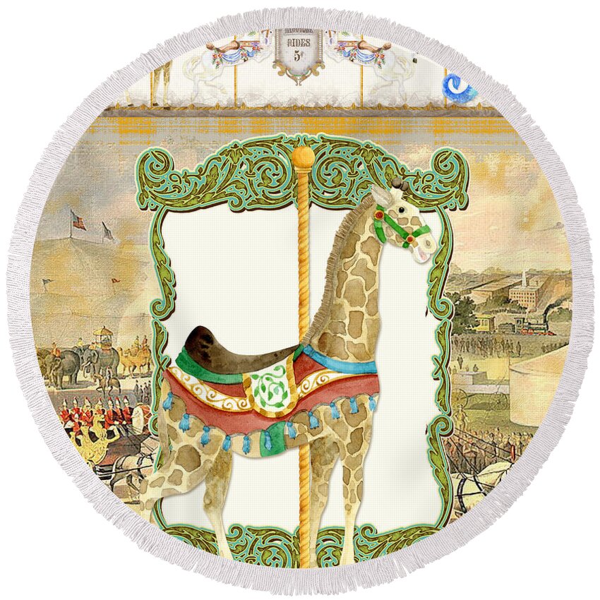Carousel Round Beach Towel featuring the painting Vintage Circus Carousel - Giraffe by Audrey Jeanne Roberts