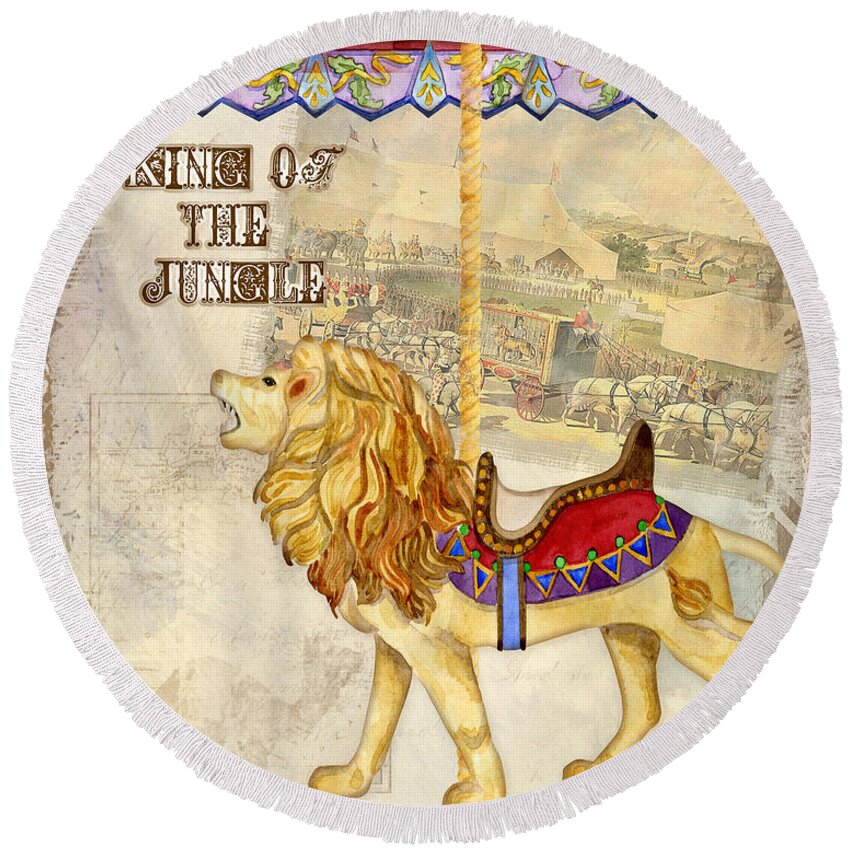 Carousel Round Beach Towel featuring the painting Vintage Circus Carousel - Roaring Lion by Audrey Jeanne Roberts