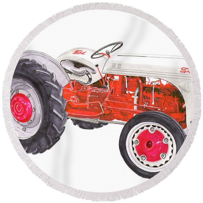 Watercolor & Colored Ink Drawing-painting Of Vintage Farm Tractor Round Beach Towel featuring the painting Vintage Ford tractor 1941 by Jack Pumphrey