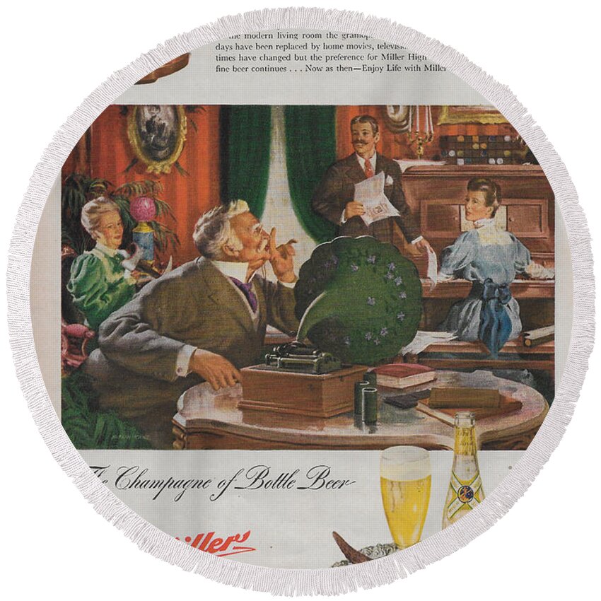 Beer Round Beach Towel featuring the mixed media Vintage Miller High Life ad 1949 by James Smullins
