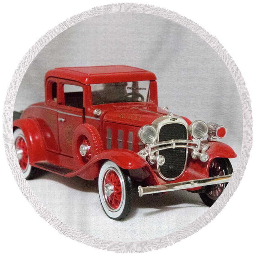 Vintage Round Beach Towel featuring the photograph Vintage Model Fire ChiefCar by Linda Phelps