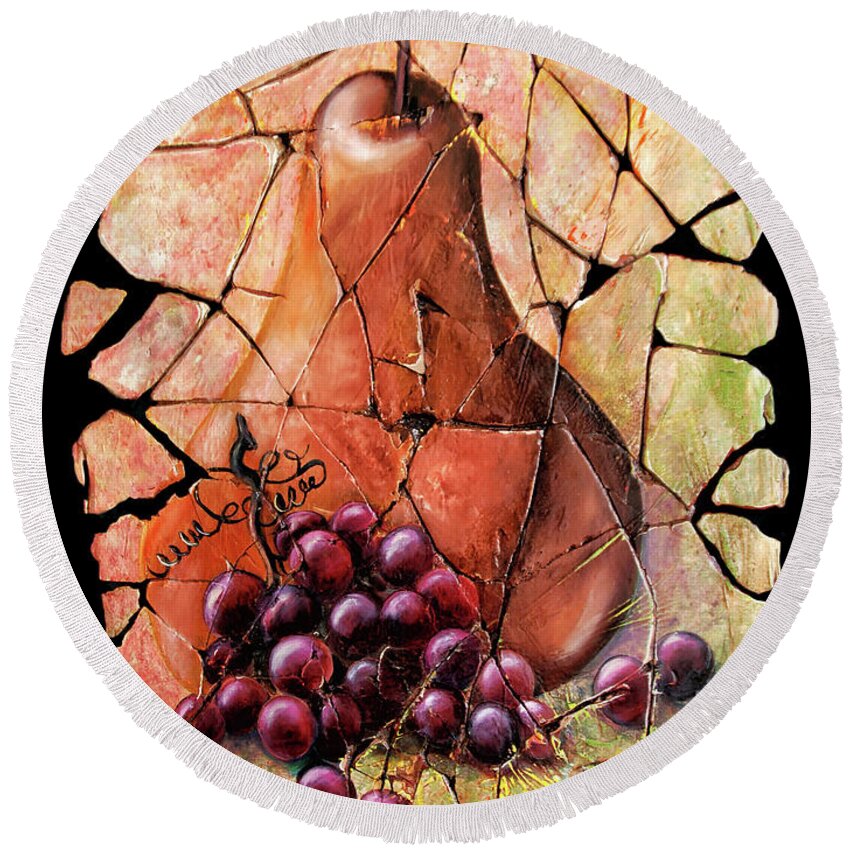  Fresco Antique Painting Grape Round Beach Towel featuring the painting Vintage Pear And Grapes Fresco  by OLena Art by Lena Owens - Vibrant DESIGN