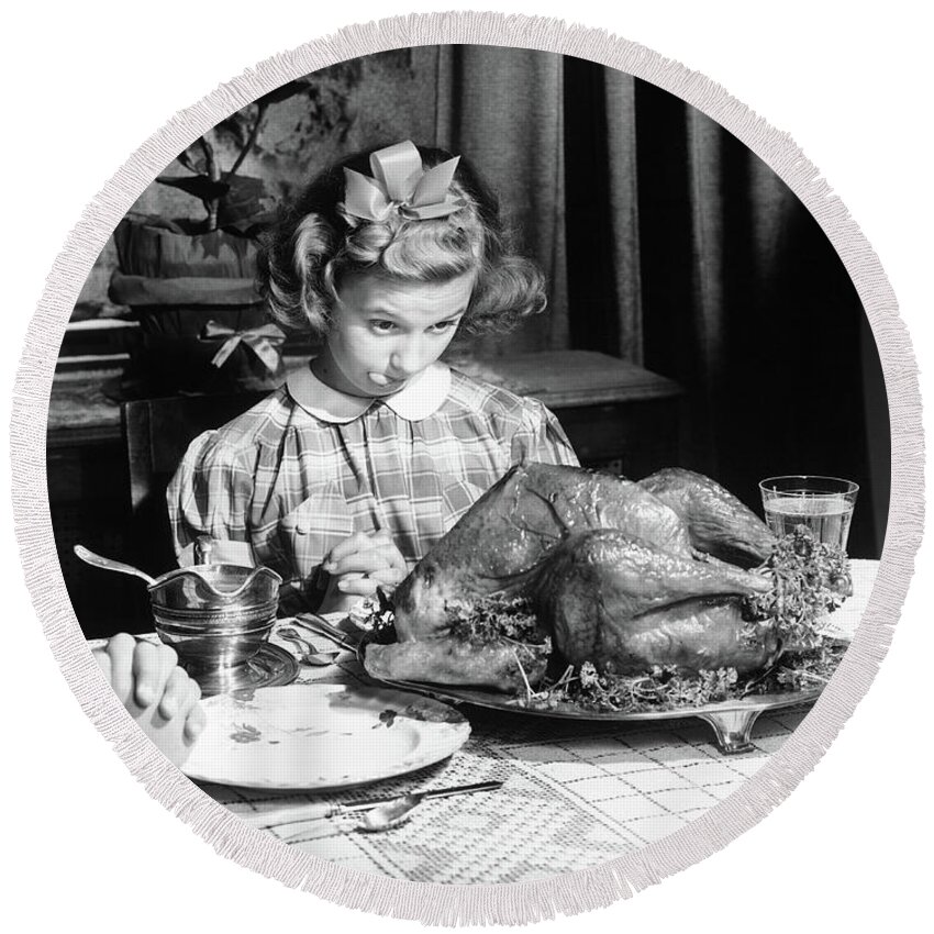 Thanksgiving Round Beach Towel featuring the photograph Vintage Photo depicting Thanksgiving Dinner by American School
