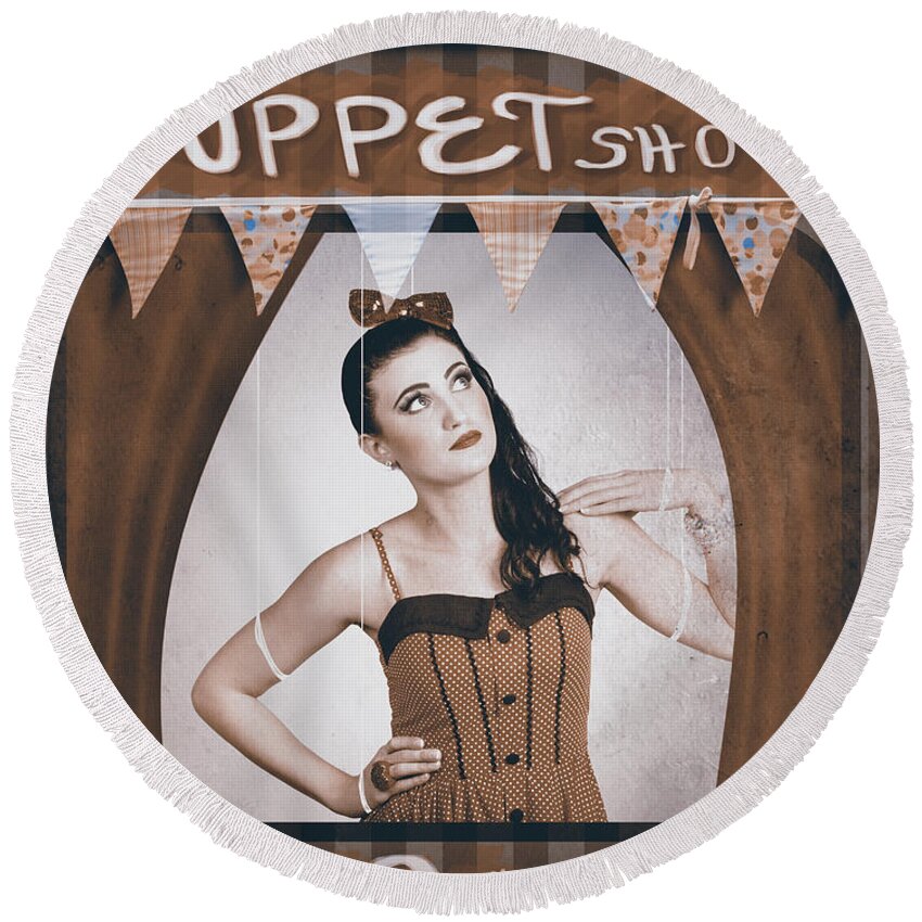 Puppet Round Beach Towel featuring the digital art Vintage pinup girl inside a puppet show booth by Jorgo Photography