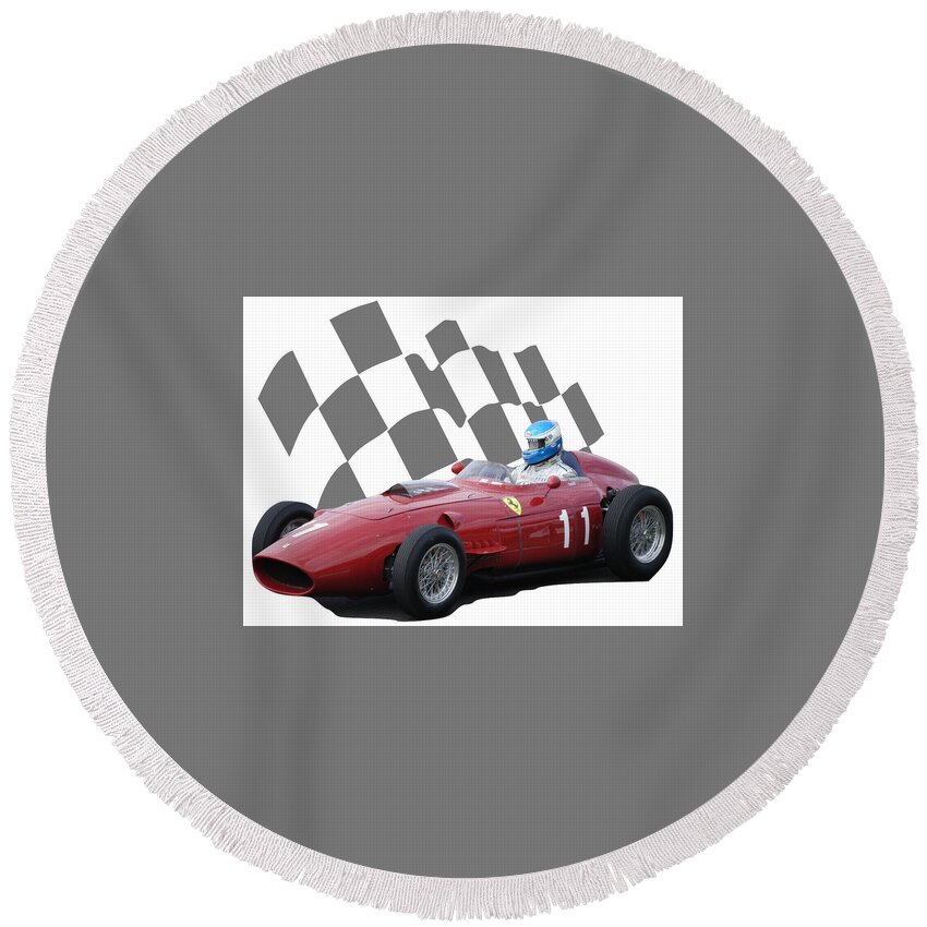 Racing Car Round Beach Towel featuring the photograph Vintage Racing Car and Flag 2 by John Colley