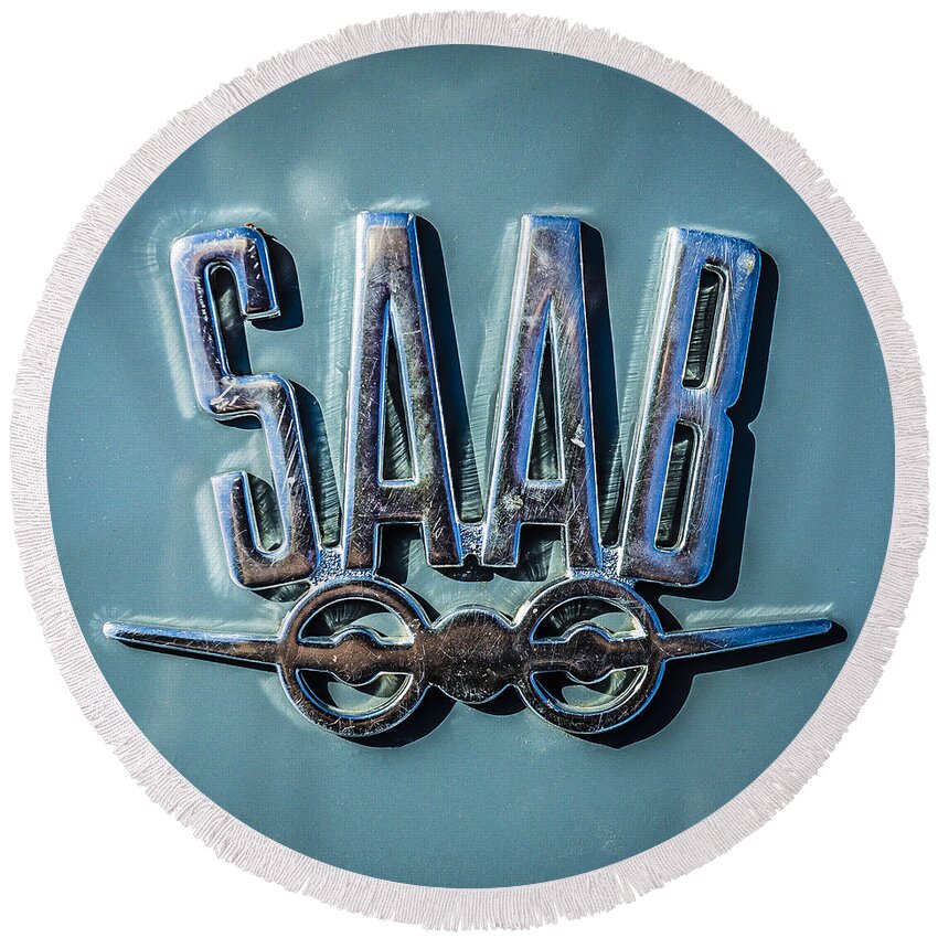 Saab Round Beach Towel featuring the photograph Vintage SAAB Car Emblem Logo by Edward Fielding