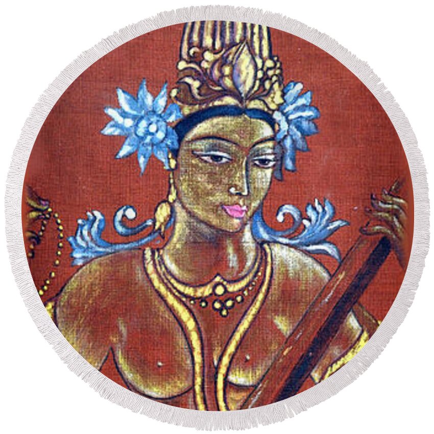 Saraswati Round Beach Towel featuring the painting Vintage SARASWATI - Goddess of Wisdom by Harsh Malik