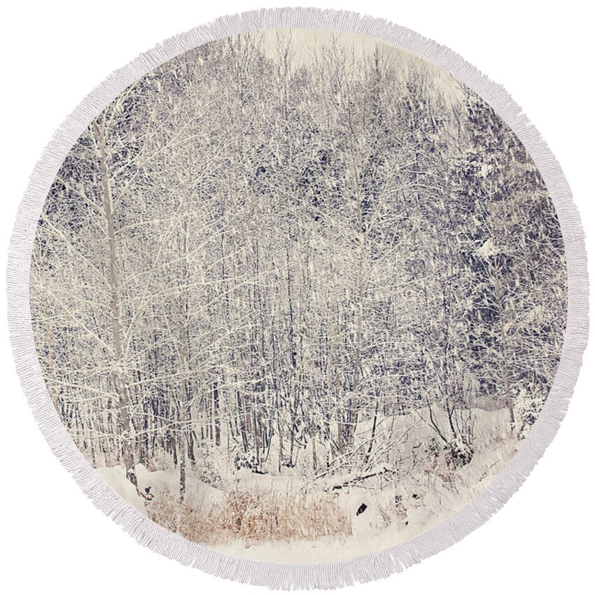 Vintage Snow Print Round Beach Towel featuring the photograph Vintage Snow Print by Gwen Gibson