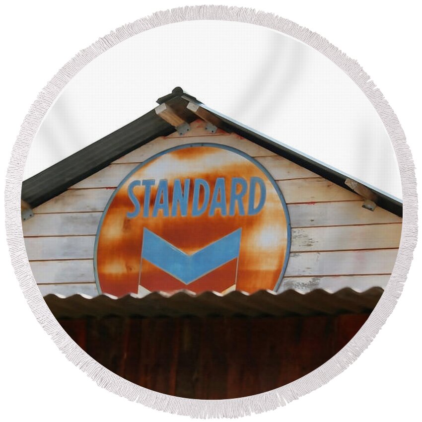 Standard Oil Round Beach Towel featuring the photograph Vintage Standard Oil Sign by Art Block Collections