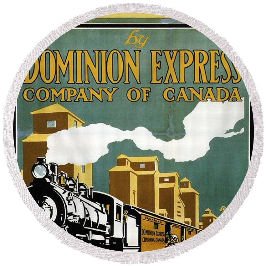 Steam Locomotive Round Beach Towel featuring the painting Vintage Steam Locomotive - Dominion Express - Usa and Canada - Vintage Advertising Poster by Studio Grafiikka