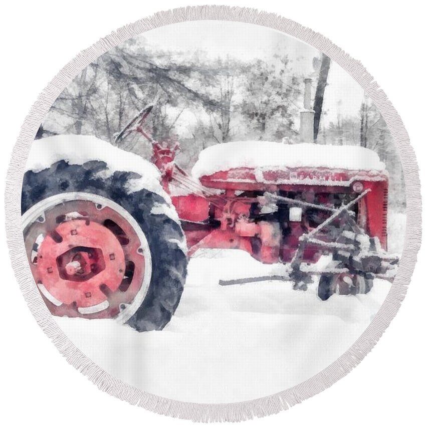 Christmas Round Beach Towel featuring the photograph Vintage Tractor Christmas by Edward Fielding