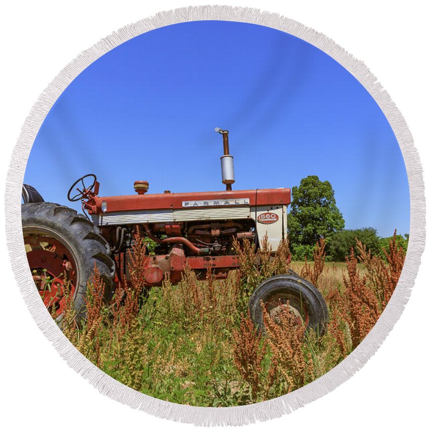 Tractor Round Beach Towel featuring the photograph Vintage Tractor Finger Lakes by Edward Fielding