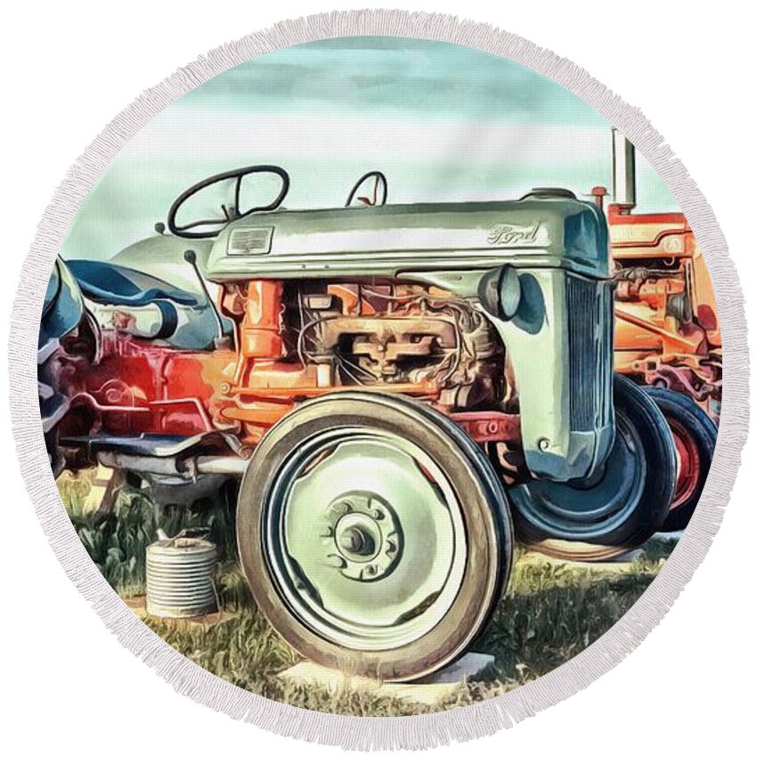 Acrylic Round Beach Towel featuring the painting Vintage Tractors Ford by Edward Fielding