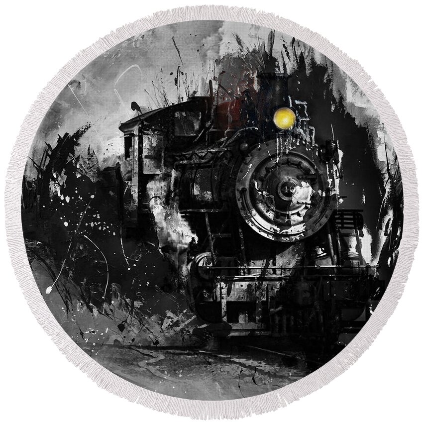 Automotive Round Beach Towel featuring the painting Vintage Train 03 by Gull G