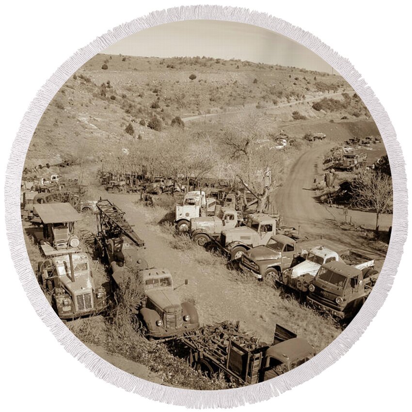 Vintage Round Beach Towel featuring the photograph Vintage Truck yard by Darrell Foster