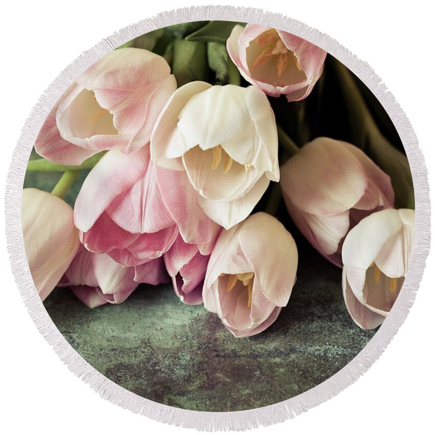 Beauty Round Beach Towel featuring the photograph Vintage Tulips by Maria Heyens