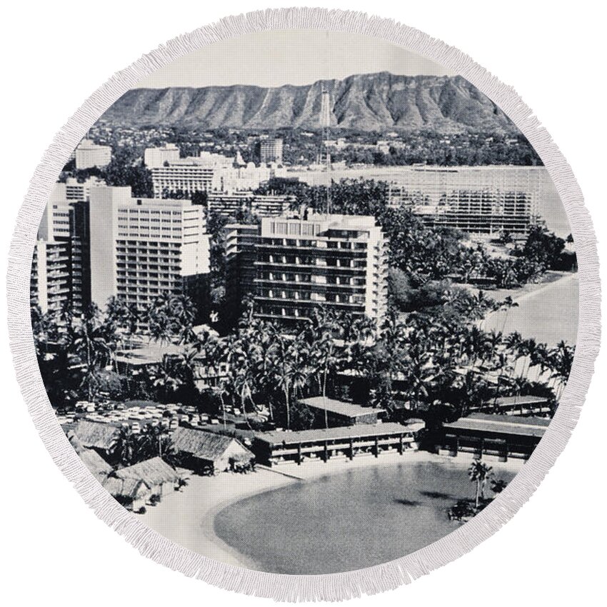 1960 Round Beach Towel featuring the photograph Vintage Waikiki Scenic by Hawaiian Legacy Archive - Printscapes