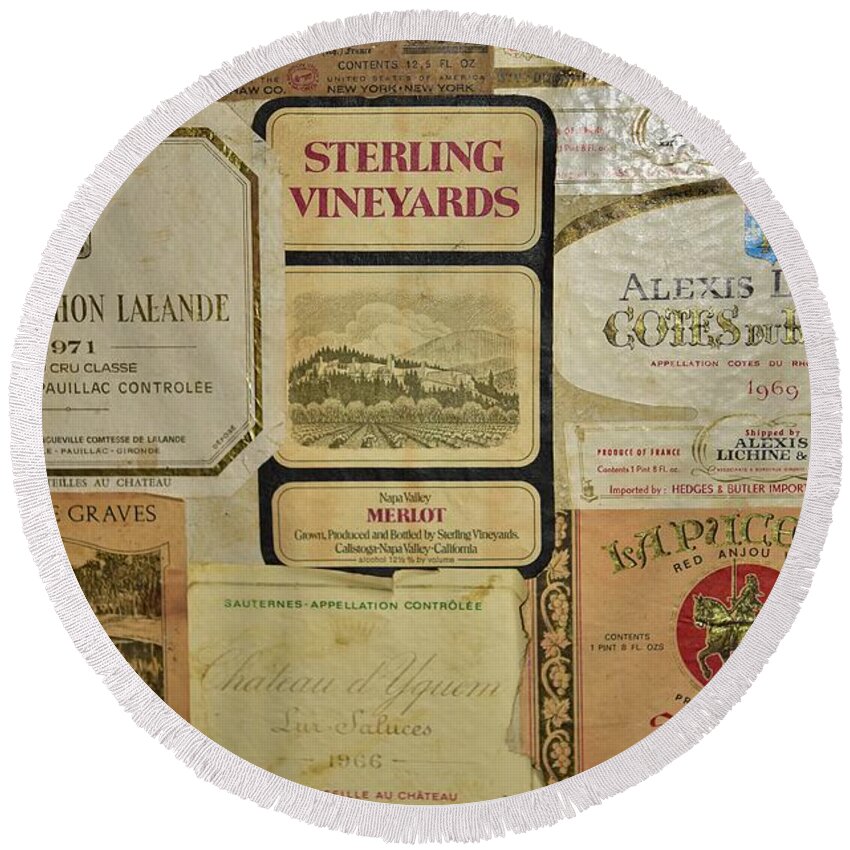Linda Brody Round Beach Towel featuring the photograph Vintage Wine Labels 10 by Linda Brody