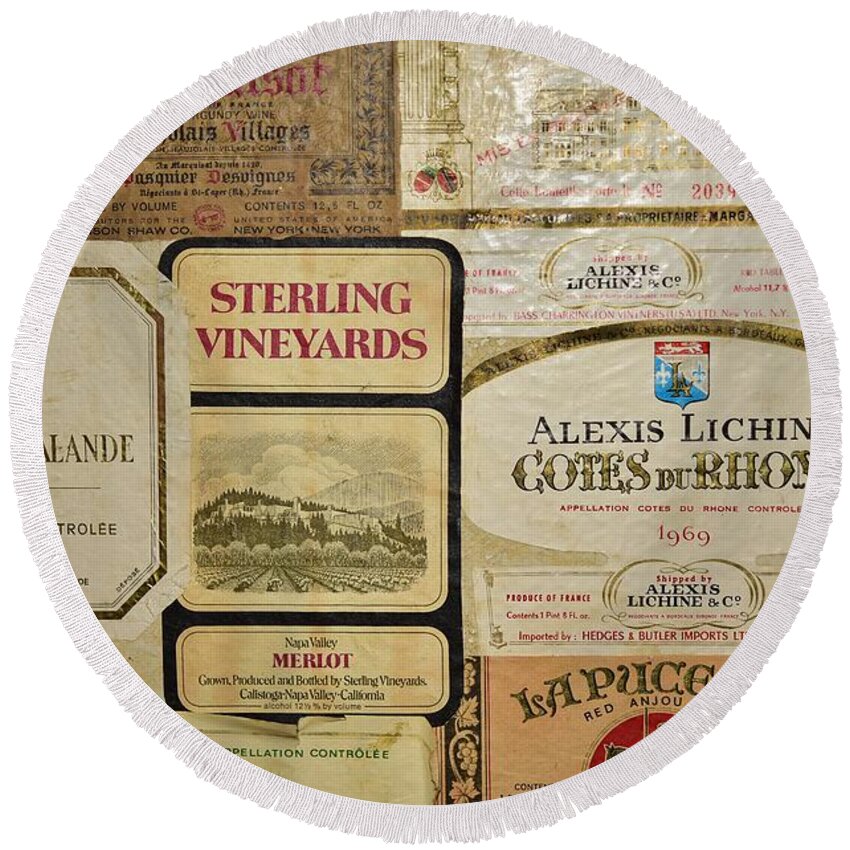 Linda Brody Round Beach Towel featuring the photograph Vintage Wine Labels 9 by Linda Brody
