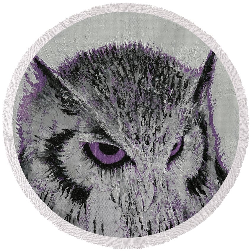 Art Round Beach Towel featuring the painting Violet Owl by Michael Creese