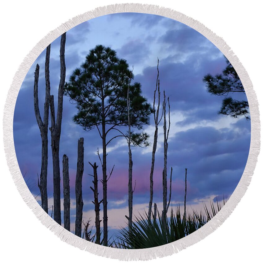 Sunset Round Beach Towel featuring the photograph Violet Skies by Artful Imagery