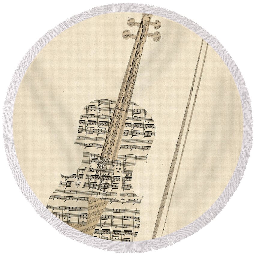 Violin Round Beach Towel featuring the digital art Violin Old Sheet Music by Michael Tompsett