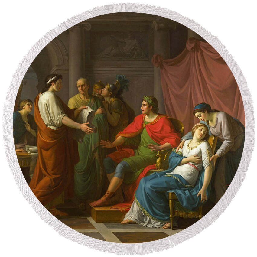 Jean-joseph Taillasson Round Beach Towel featuring the painting Virgil reading the Aeneid to Augustus and Octavia by Jean-Joseph Taillasson