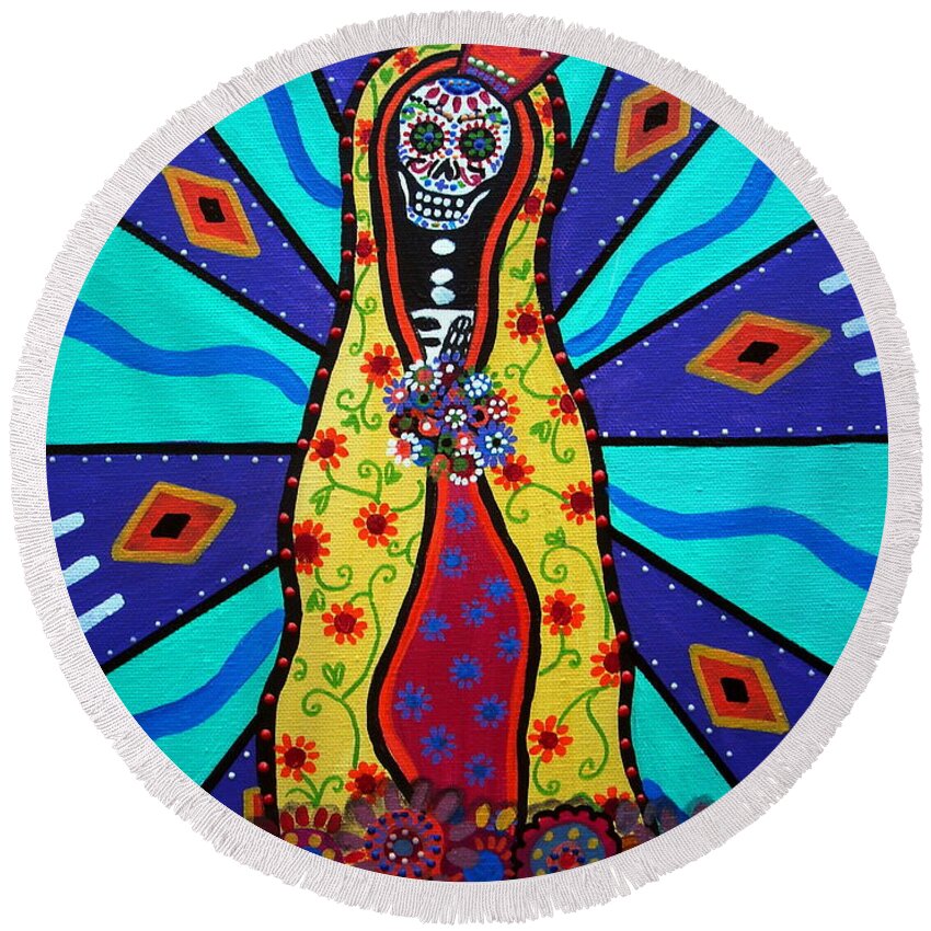 Mexican Round Beach Towel featuring the painting Virgin Guadalupe Day Of The Dead by Pristine Cartera Turkus