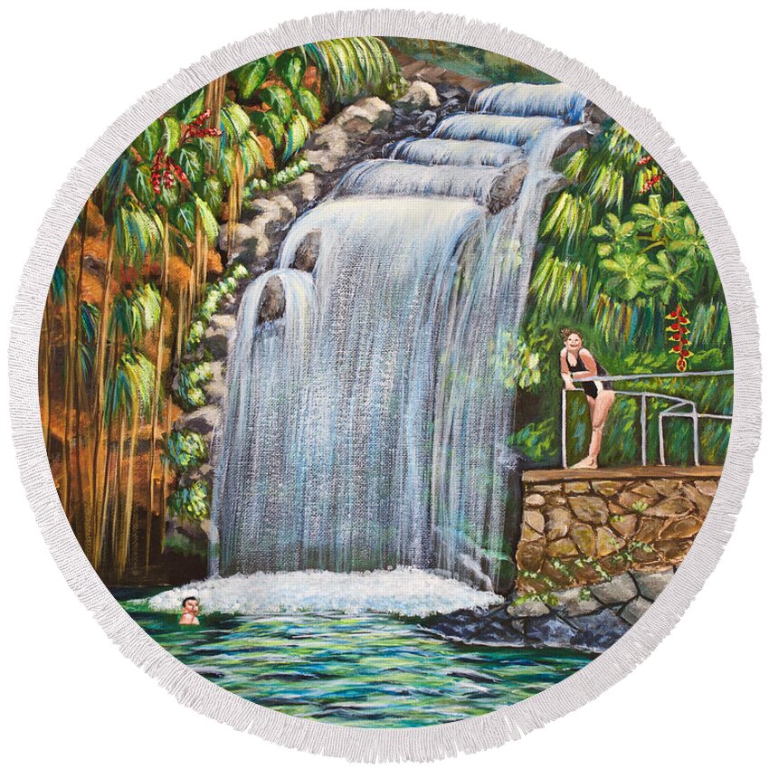 Annandale Waterfall Round Beach Towel featuring the painting Visitors To The Falls by Laura Forde