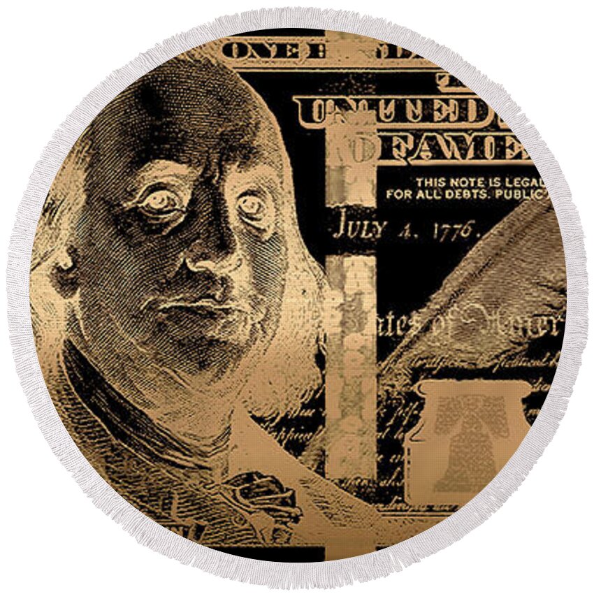 'visual Art Pop' Collection By Serge Averbukh Round Beach Towel featuring the digital art One Hundred US Dollar Bill - $100 USD in Gold on Black by Serge Averbukh