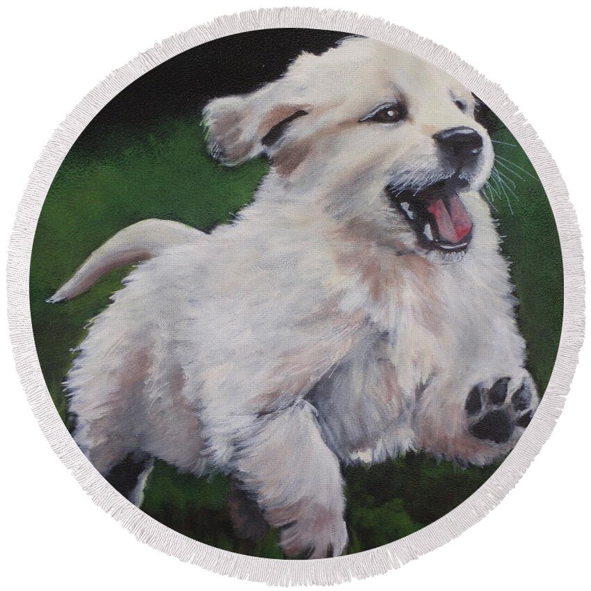 Puppy Round Beach Towel featuring the painting Vivian by Carol Russell