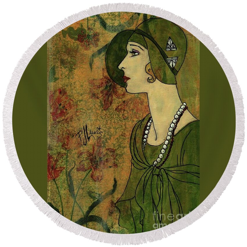 Flapper Round Beach Towel featuring the painting Vogue twenties by PJ Lewis