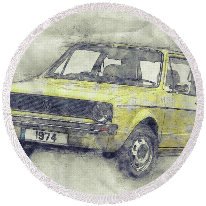 Volkswagen Golf Round Beach Towel featuring the mixed media Volkswagen Golf 1 - Small Family Car - 1974 - Automotive Art - Car Posters by Studio Grafiikka