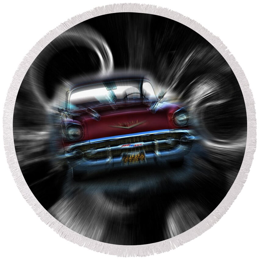 Abstract Round Beach Towel featuring the mixed media Vortex Chevy by Lesa Fine