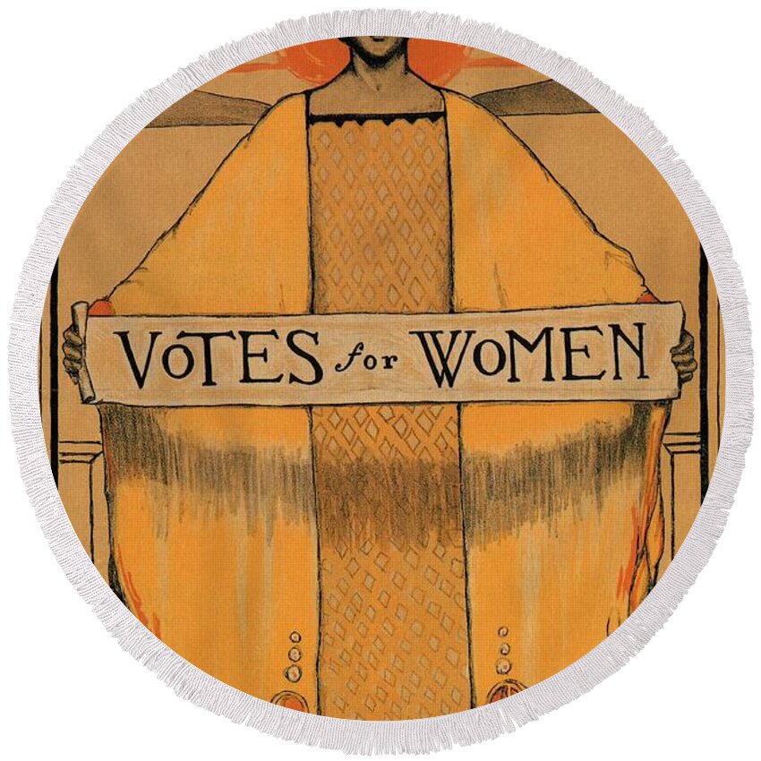 Votes For Women Round Beach Towel featuring the mixed media Votes for Women - Vintage Propaganda Poster by Studio Grafiikka